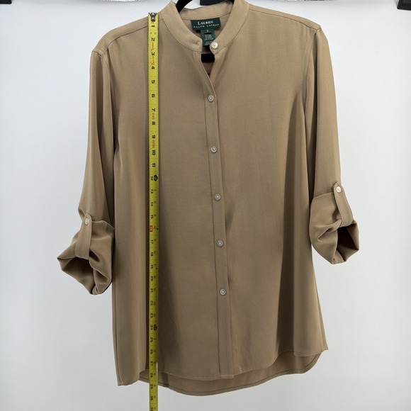 WOMENS LAUREN RALPH LAUREN TAN MANDARIN COLLAR SILK BLOUSE TOP SMALL - Picture 5 of 8